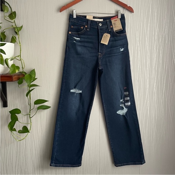 Levi’s Women's Ribcage Straight Ankle Jeans Dark Indigo Blue Distressed Size 25 - Picture 3 of 7